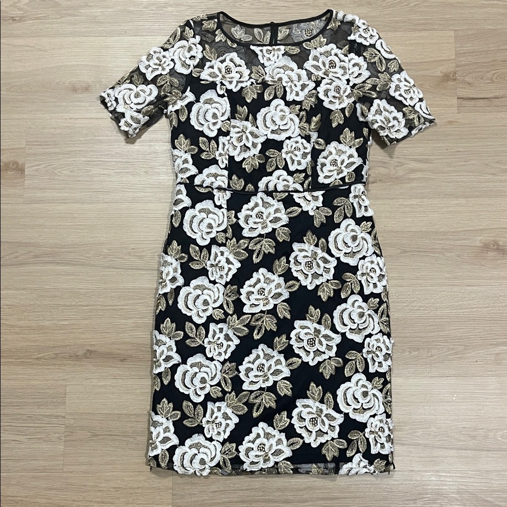 Adrianna Papell Black and White Floral Midi Dress with Gold Details